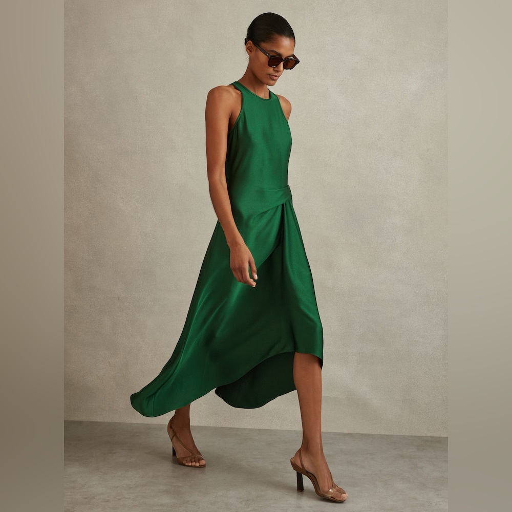 Reiss Elegant Emerald Green Halter Midi Satin Dress